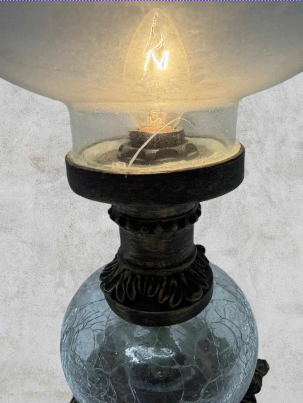 HURRICANE LAMP -- Etched Glass Shade, Crackle Glass Base, Electric, Vintage